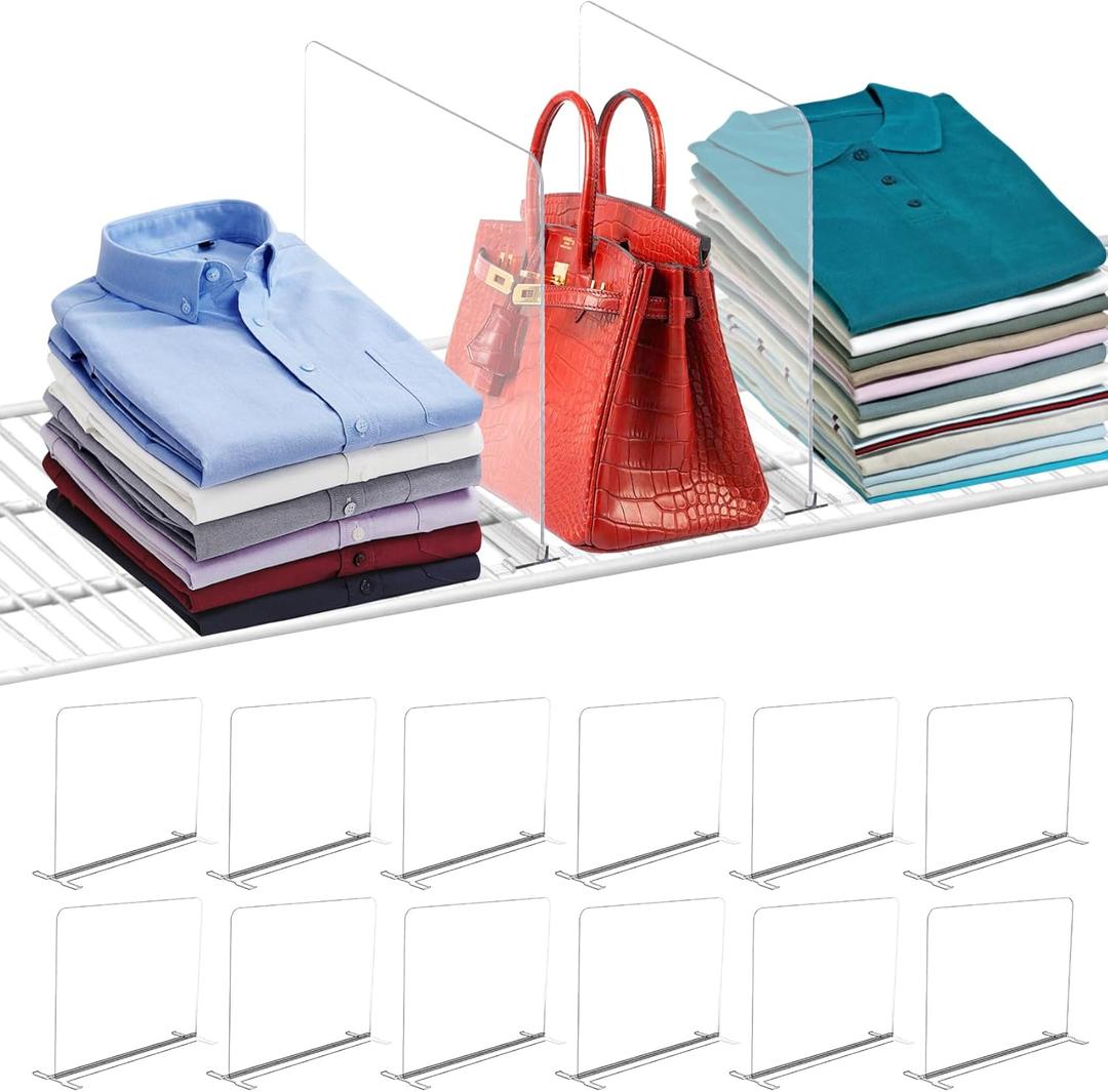 Acrylic Shelf Dividers for Wire Shelves, 12 Pack Shelf Dividers for Closet Organization, Clear Wire Shelving Organizer Separator Sweater Storage Rack in Cabinet Kitchen Bedroom Office Pantry Garage