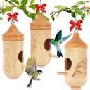 Hummingbird House, Small Hummingbird Houses for Outside, Wooden Bird Houses with Bow, String, Cute Gardening Gifts Home Decoration (Style-1, 3 Pack)