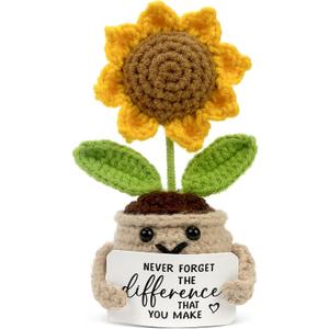 Tiny Detalles Birthday Gifts for Women - Mini Positive Crochet Sunflower, Gifts for Mom from Daughter Son on Mothers Day, Thank You Gifts for Teacher, Coworker, Friends and Sunflower Decor