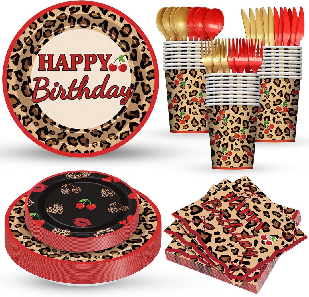 168pcs Cheetah Print Party Supplies Red Leopard Plates Napkins Cups Cutlery Set Black Cherry Birthday Tableware Set Y2K Cherry Leopard Print Party Supplies for Girls Women Birthday Events