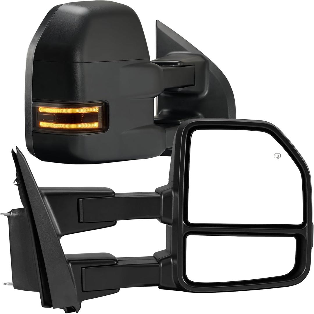 Tow Mirrors Compatible with 2015-2020 Ford F150 F-150, Extended Trailer Towing Side Mirrors w/Smoked Turn Signal & Ambient Temp Sensor(for 2019+), Puddle Light, Power Heated, 22PIN, Black