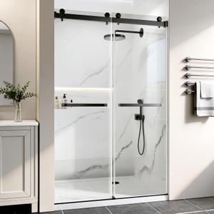 Frameless Shower Door, 4448" W x 76" H Double Sliding Shower Door, Matte Black Stainless Steel Components, 5/16" (8mm) Tempered Glass