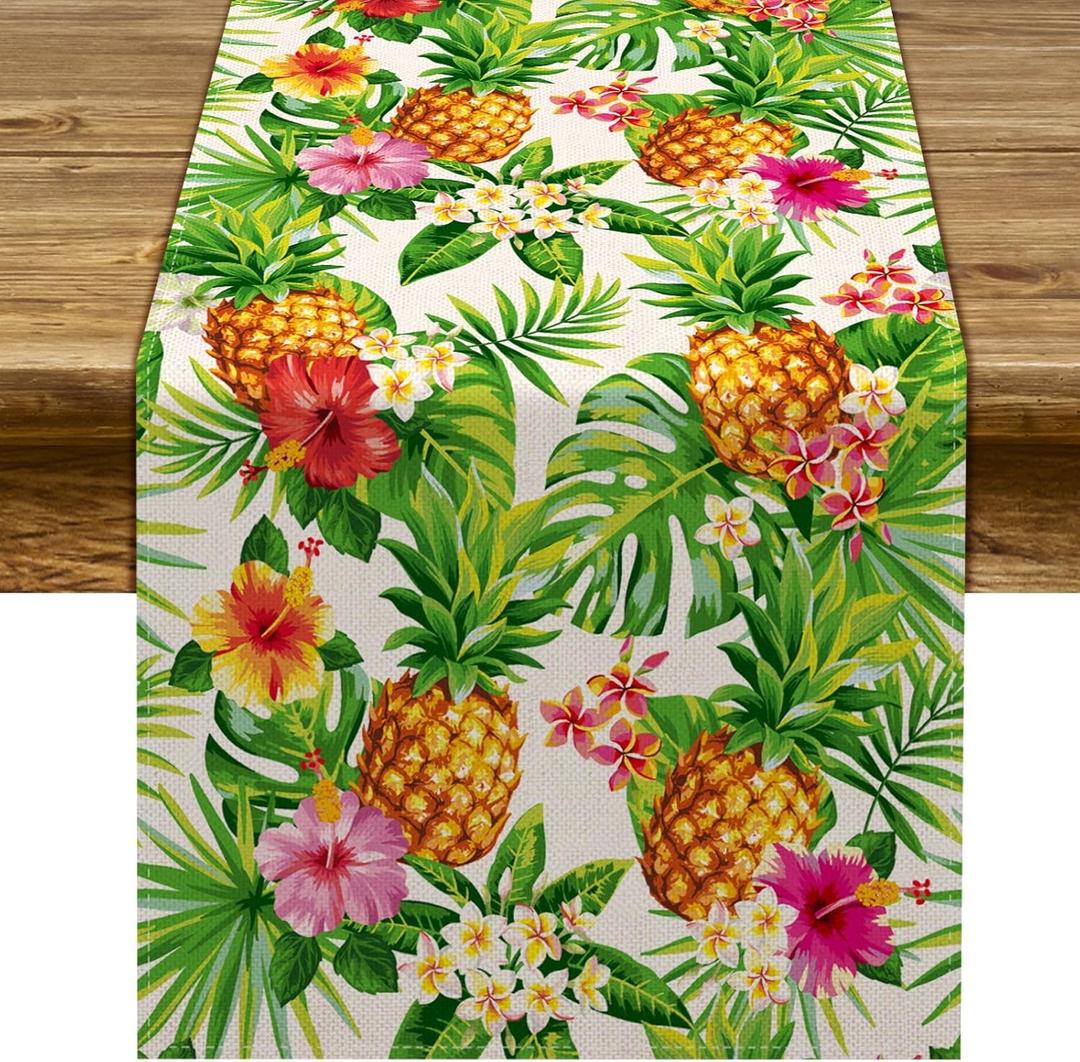 Linen Summer Pineapple Table Runner Tropical Hawaiian Luau Indoor Outdoor Party Table Cover Decoration Home Kitchen Dining Room (13" x 72")
