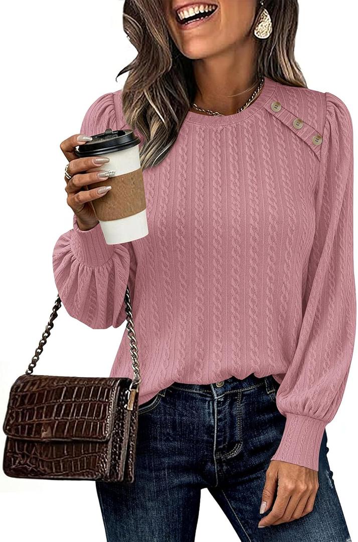 KIRUNDO Long Sleeve Shirts For Women 2025 Fall Trendy Textured Knit Going Out Tops Casual Dressy Crewneck Work Blouse Tunic (Small, Pink)