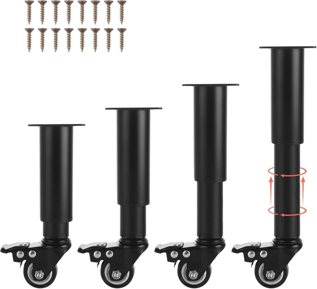 WOPPLXY 4 Pcs 7-10 Inch Metal Adjustable Furniture Legs with Swivel Caster Wheels, Heavy Duty Replacement Support Legs, Metal Legs for Table with Wheels for Cabinet/Sofa/Bed/Dresser/Couch/Coffee Table