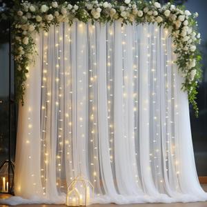 10x10ft White Tulle Backdrop Curtain with Lights String for Parites, Sheer Backdrop Curtains for Wedding Baby Shower Birthday Party Photo Shoot Decorations (10ft x 10ft(2 Panels 5*10ft))