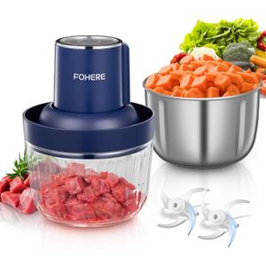 FOHERE Food Processors, Electric Food Chopper with Meat Grinder & Vegetable Chopper with 2 Bowls (8 Cup+7 Cup), 2 Sets of Bi-Level Blades for Fruits/Meat/Nuts/Baby Food, Blue