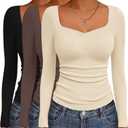 Ekouaer 3 Packs Womens Long Sleeve Tops Sweetheart Neck Fitted Shirts Basic Layering Tee Soft Undershirts Fall Outfits (X-Small, Black / Brown / Beige (3pcs))