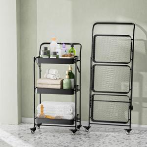 JAQ Foldable Rolling Cart, 3-Tier Metal Folding Storage Utility Carts Basket Rack with Removable Handle on Wheels for Snacks Books Fruits for Kitchen Dorm Pantry Bathroom - (Black, 3-Layer)