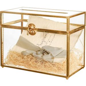 NCYP Small 9.8 x 5.6 x 7.7 Inch Wedding Glass Cards Box with Slot - Gold Envelope Card Holder for Birthday Party Reception, Home Indoor Decor - Slot Length 7.1 Inches (No Lock)