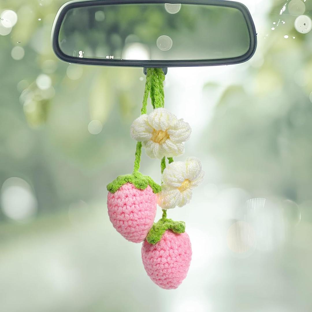 Crochet Strawberry and Flower Car Hanging Ornaments 2 Pcs Cute Plant Rear View Mirror Pendant Decoration Handmade Car Interior Accessories Gardening Hanging Bag Charm Keychain