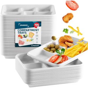 5 Compartment Plates Disposable Heavy Duty (100 Pack) Trays 12.5" x 8.6" - Sugarcane School Trays - Disposable Plates with Compartments Sectioned - Environmentally-Friendly Paper Dividers