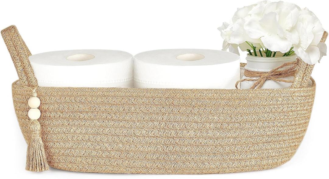 Mkono Small Storage Basket for Toilet Tank Top Boho Bathroom Decor Woven Rope Toilet Paper Tray Organizer for Shelf Bedroom Living Room, Jute, 1 Pack, 13" L x 6" W