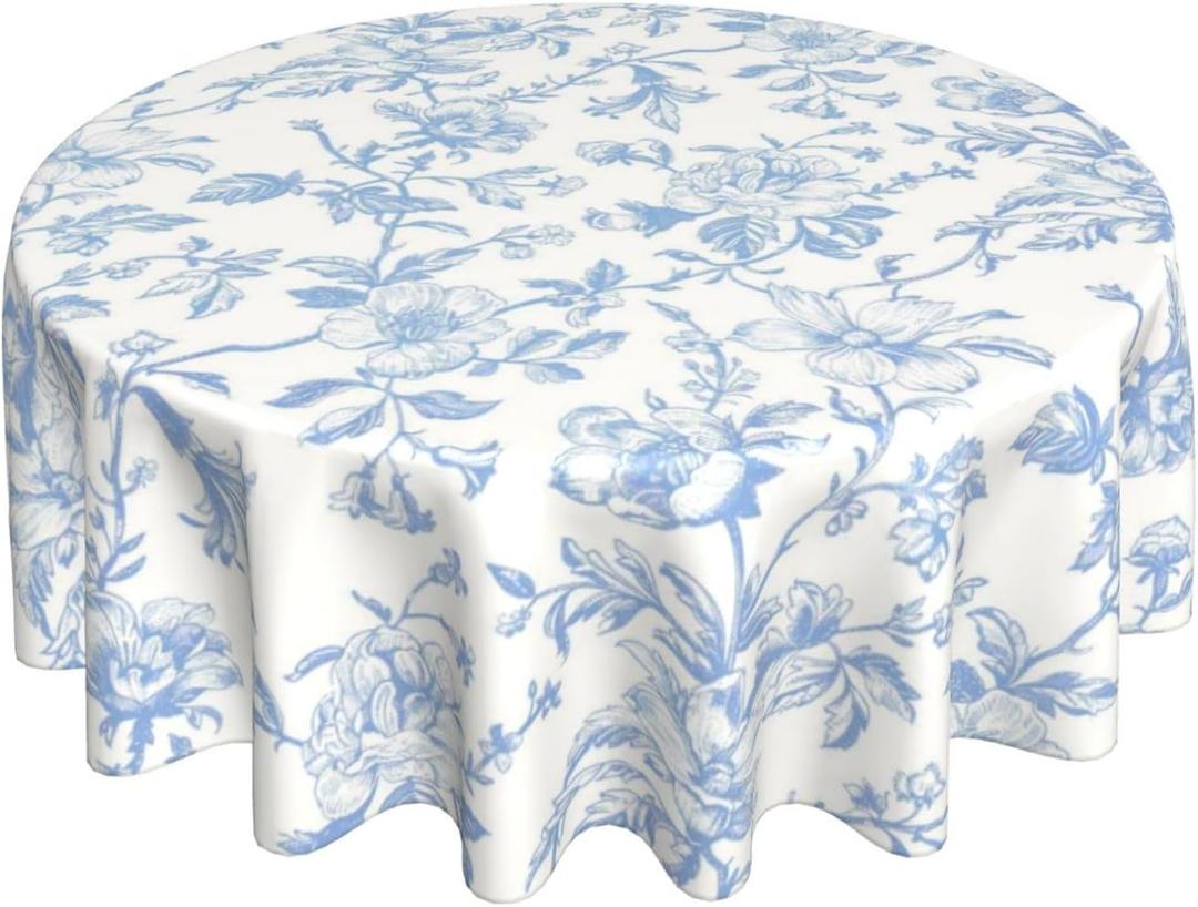 Baby Blue Floral Round Tablecloth 70 Inch Toile Blue Floral Chinoiserie Decor Table Cloth Vintage Flower Polyester Fabric Round Table Cover for Party Dining Picnic Kitchen Outdoor Decorative
