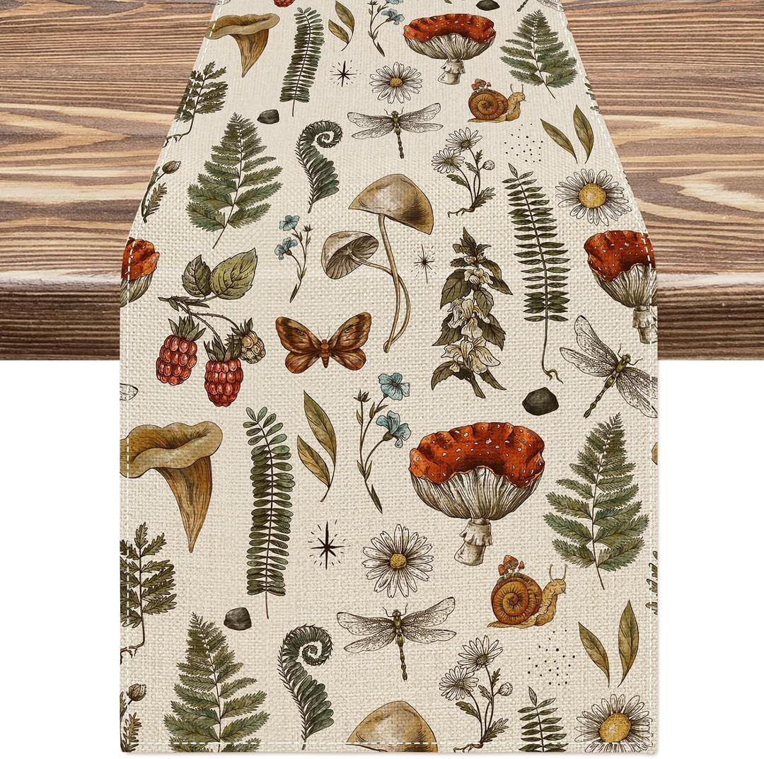 Mushroom Table Runner Vintage Forest Plants Mushroom Table Cover for Kitchen Dining Indoor Outdoor Party Decor, 13 x 72 Inch