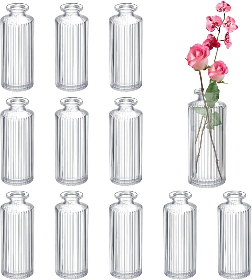 Glass Bud Vases Set of 12, Ribbed Bud Vases in Bulk, Mini Vases for Centerpieces, Small Clear Vintage Vase for Table Decorations, Wedding Decor, Home (Ribbed)