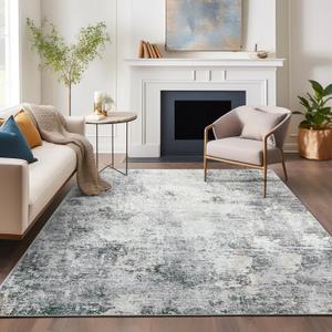 jinchan Area Rug 8x10 Washable Modern Rug Abstract Large Living Room Floor Cover Grey Multi Print Overdyed Distressed Mat Contemporary Non-Slip Thin Carpet for Bedroom Dining Room Kitchen Office