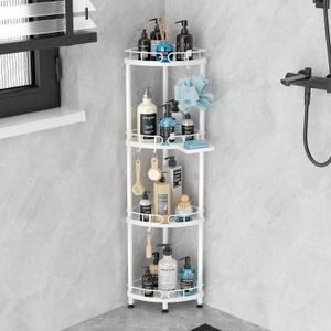 SWTYMIKI Corner Shower Caddy Standing - 4 Tier Stainless Steel Shower Organizer Stand with 4 Hooks & Soap Holder, Rustproof Metal Standing Tall Floor Shower Shelf and Bathroom Organizer, White