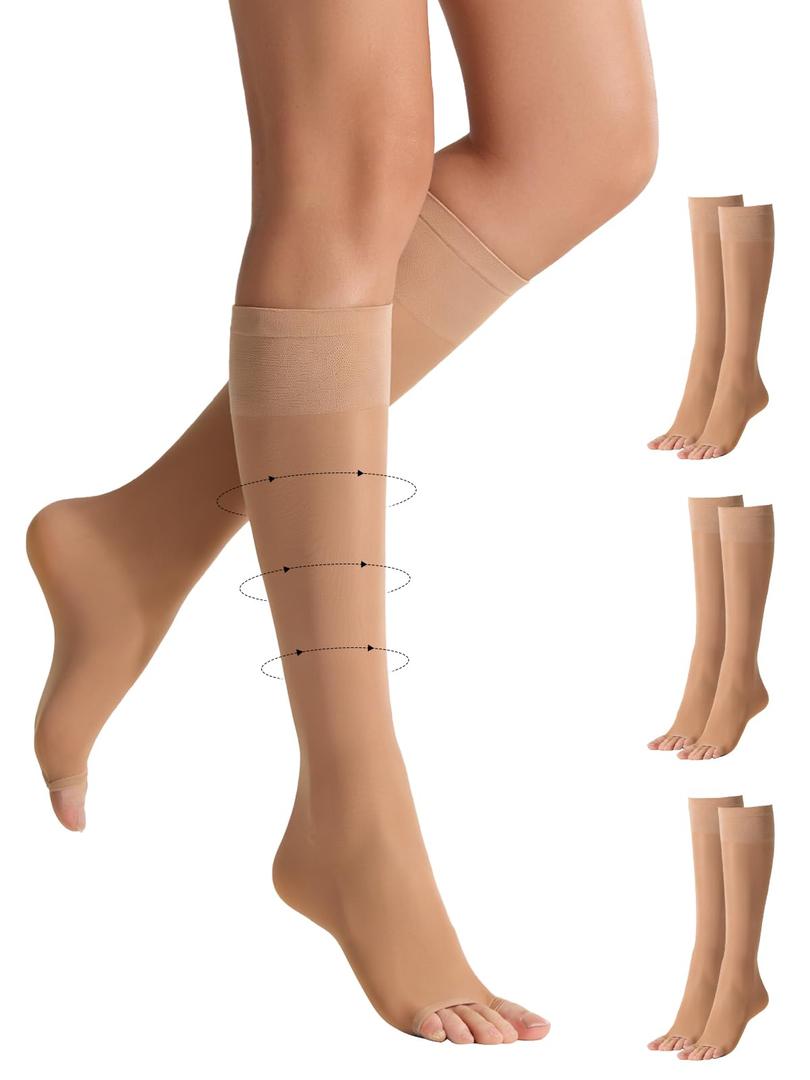 Yilamy 3 Pairs Toeless Compression Socks Sheer Knee High Open Toe Trouser Socks 8-10 mmHg Stockings for Women S