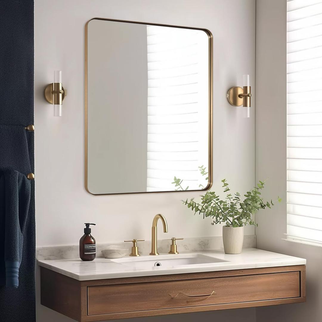 ANDY STAR Gold Bathroom Mirror, 30x36 Brushed Brass Rectangle Mirror for Bathroom, Modern Rectangular Wall Mounted Mirror for Vanity, Crafted of Stainless Steel Metal Frame (36"L x 30"W)
