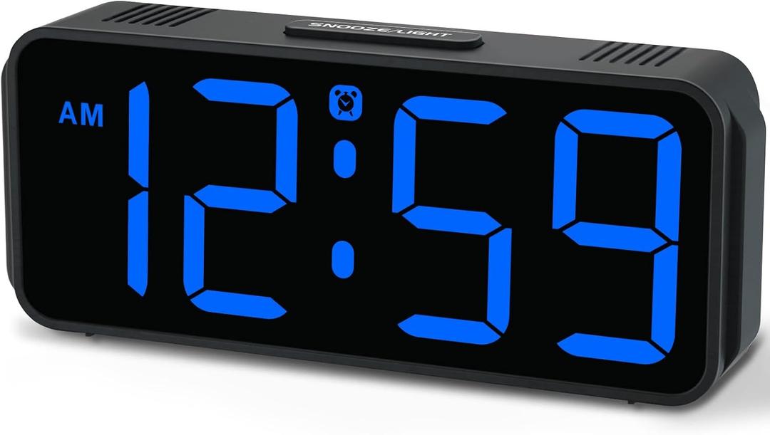 Peakeep Small Digital Alarm Clock Plug in for Bedrooms Bedside, Tiny Electric Clock Large Big Numbers Display with Battery Backup for Desk Table, 6 Dimmers, 5 Adjustable Alarm Volumes (Blue)