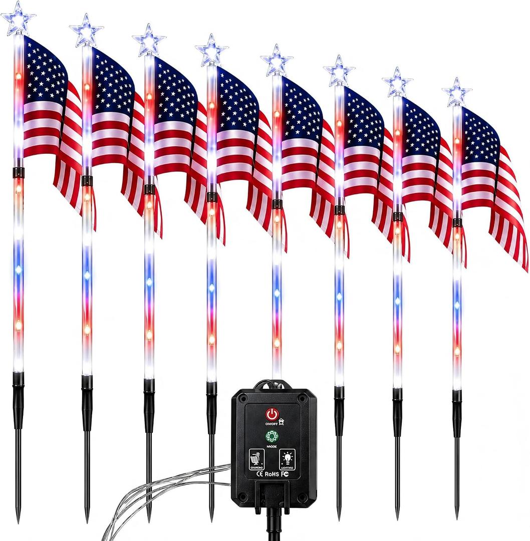 8 Connected in 1 Solar American Flag Pathway Lights Outdoor, Waterproof LED Stake Lights with 8 Modes, Red White Blue Patriotic Yard Decorations for 4th of July, Memorial Day Lawn Garden Decor