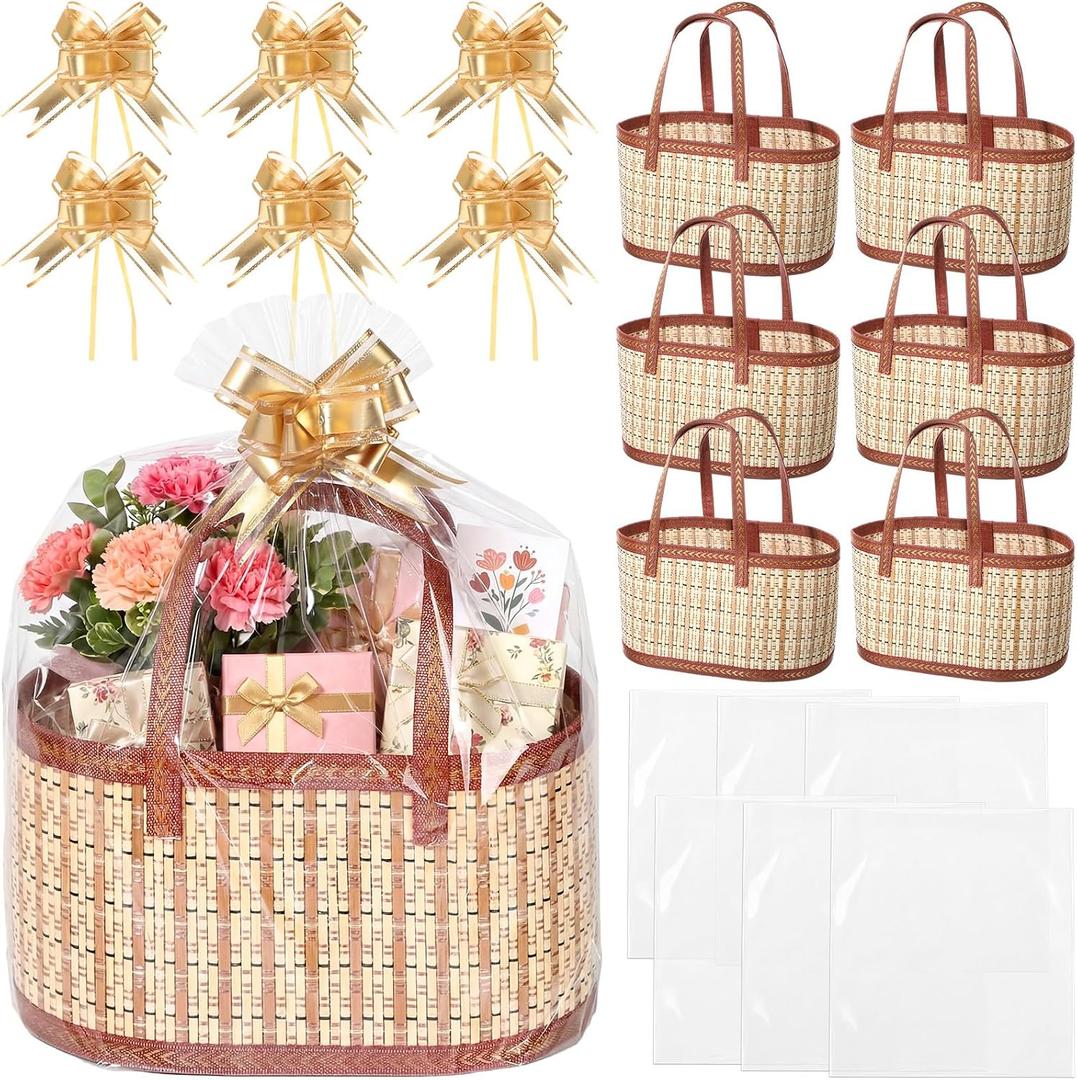 Reallnaive 6 Set Gift Basket Empty Woven Bamboo Storage Baskets with Clear Gift Bags Pull Bows Ribbon Foldable DIY Gifts Basket Kit with Handle for Baby Shower Housewarming