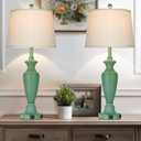 30" Tall Metal Table Lamps Set of 2, Touch Control Bedside Lamps for Bedroom Nightstand, 3-Way Dimmable Farmhouse Lamp for Living Room with Charging Ports, Retro Green (2 LED Bulbs Included)