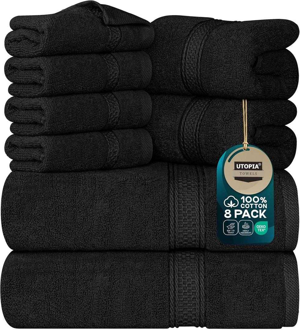 Utopia Towels 8 Piece Premium Towel Set, 2 Bath, 2 Hand, and 4 Wash Cloths, 600 GSM 100% Ring Spun Cotton, Highly Absorbent Towels for Bathroom, Gym, Hotel, and Spa, Black