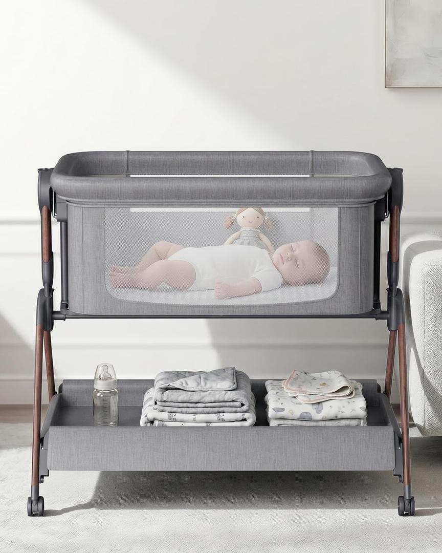 Winchild Bassinet, 3-in-1 Baby Bassinet Bedside Sleeper, Gray