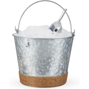 Twine Farmhouse Ice Bucket with Scoop - Beverage Tub Wrapped with Rope for Parties - Galvanized Metal Bucket Cooler & Drink Tub Holds 1 Gallon (Set of 1)