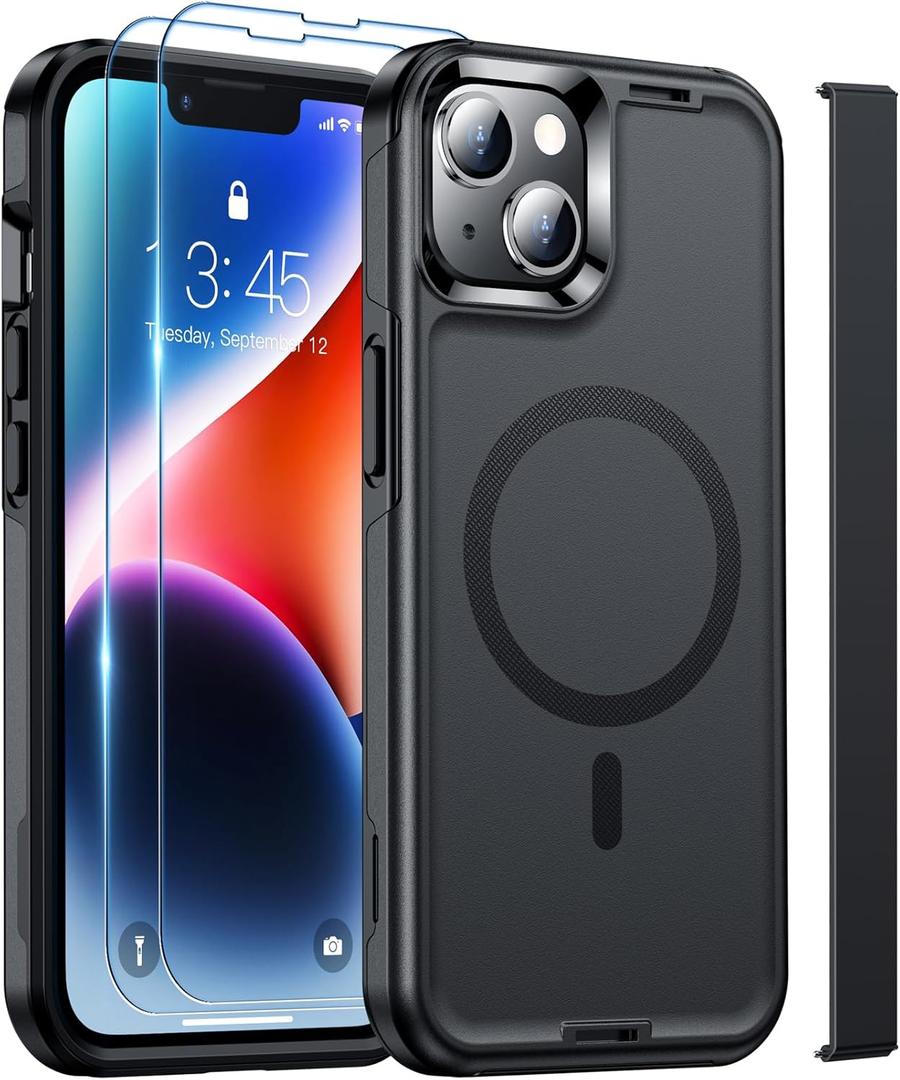 3 x SPIDERCASE Magnetic for iPhone 13 Case, with [2 Pcs Tempered Glass Screen Protector] Compatible with Magsafe Shockproof Military Protective Cover for iPhone 13 (Black)