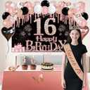 Sweet 16 Party Decorations, 49pcs Black Rose Gold Black Banner, Tablecloth, Butterfly Decor, Sweet 16 Sash and Tiara, Cake Topper, Candles, Balloons Arch