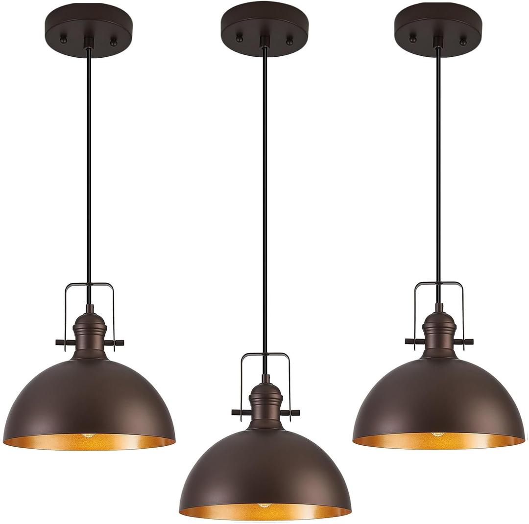 12 Inch Pendant Lights for Kitchen Island Matte ORB Farmhouse Pendant Light fixtures Adjustable Height Dome Hanging Light for Dinning Room Bedroom Hallway,3 Packs (Oil-Rubbed Bronze)