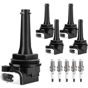 Ignition Coil Pack and Spark Plugs Kit fit for 2.5 2.5L L5 Turbo 2015-16 Volvo V60, 2004 2005 2006 2007 Volvo V70, 2004-11 S40, S60 V50 C30 C70 XC60 XC70 2.5, UF517, Set of 5