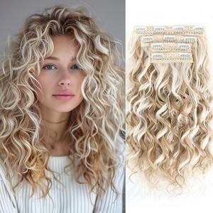Curly Hair Extensions, LEOSA 4PCS 16 inch Clip in Hair Extensions Short Soft Natural Hairpiece Lace Weft Curly Wave Clip Ins Extensions Invisible for Women, Gold Blonde with beige Highlights
