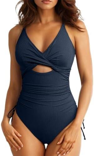 Aleumdr Women's Ribbed One Piece Swimsuit Tummy Control High Cut Bathing Suit Sexy V Neck Criss Cross Monikini, Small