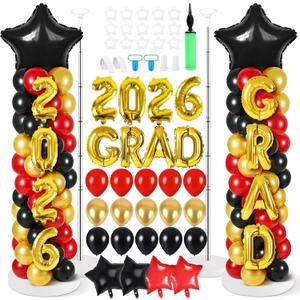 2 Sets Graduation Balloon Column Stand Kit with Balloons Prom Send off 2026 Grad Prom Themed Decor Black Red Balloon Tower Stand for Floor Grad School & College Celebration Party Supplies
