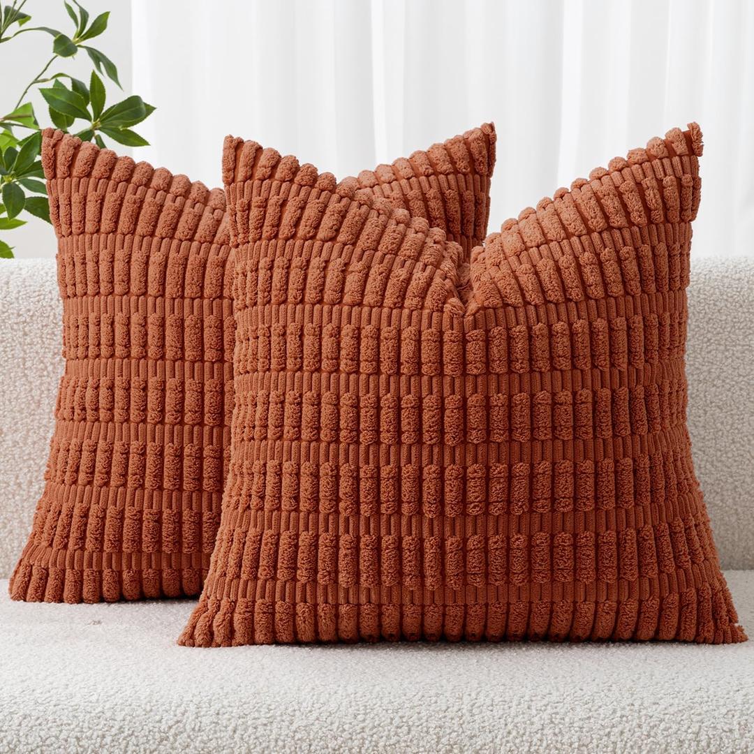 MIULEE Fall Pack of 2 Corduroy Decorative Throw Pillow Covers 18x18 Inch Soft Boho Striped Pillow Covers Modern Farmhouse Home Decor for Sofa Living Room Couch Bed Rust