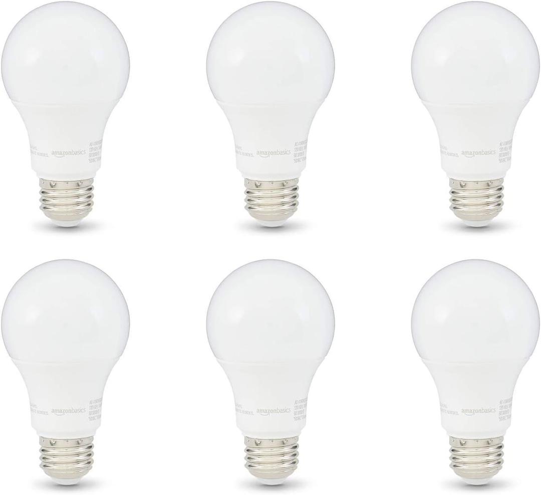 Amazon Basics A19 LED Light Bulbs, 60 Watt Equivalent, Energy Efficient 9W, E26 Standard Base, Soft White 2700K, Dimmable, 10,000 Hour Lifetime , 6-Pack