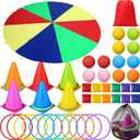 43 Pcs 3 in 1 Carnival Outdoor Games Combo Set for Kids Include 6 Plastic Cones, 12 Ring, 12 Bean Bags, 12 Plastic Ball, 10 Foot Play Parachute for Toddler Kids Party Play Decoration ( Play Parachute Missing )