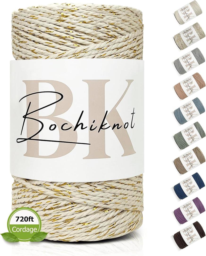 BOCHIKNOT 3-Ply Macrame Cord 4mm x 240yds (220m)  Soft Cotton Macrame Rope for Beginners, Easy to Knot for Wall Hangings, Plant Hangers, Boho Decor and DIY Crafts (Natural Gold)