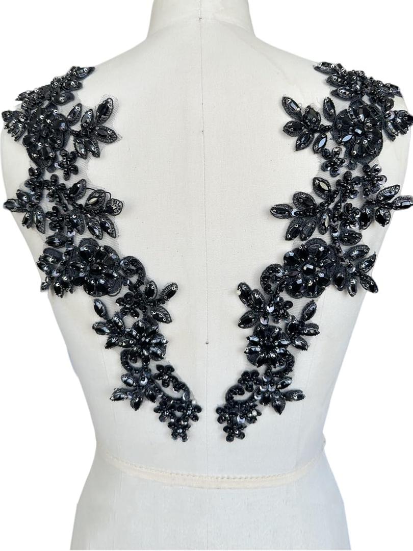 Handmade Rhinestones on lace Applique Sewing Beads Sequins Trim Patches for Wedding Dress Accessories 1 Pair/Bag (Black)