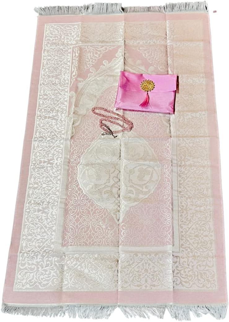 Islamic Prayer Mat, Turkish Prayer Rug with Pouch and Ornament Sealing, Portable Prayer Mat with Handy Pouch, Islamic Carpet Pad Ideal for Travelling (44" x26 with Free Tasbeeh) (Pink)