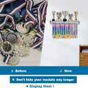 LAVIEVERT Gymnastic Medal Hanger with Storage Shelf, Wooden Wall-Mounted Trophy Shelf, Race Medal Display Rack Holder with 23 Hanging Bars