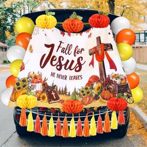 98 Pcs Thanksgiving Trunk or Treat Car Decorations Kit Fall for Jesus Backdrop Autumn Pumpkin Honeycomb Paper Tassels for Suv Car Archway Garage Thanksgiving Party Decorations(Cross)