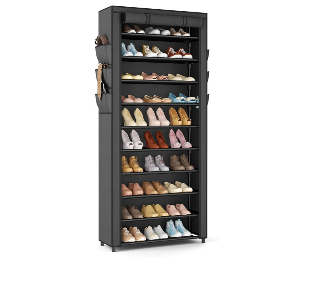VTRIN Vertical Narrow Shoe Rack Organizer Tall Shoe Rack for Closet Entryway 10 Tier Non-Woven Cover Shoe Shelf Holds 36-41 Pairs Free Standing Shoe Storage Cabinet with Dustproof Cover, Black