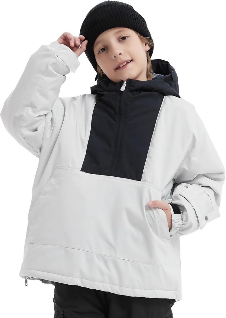 Kids Boys Girls Ski Snow Anorak Jacket Waterproof Windproof Warm Snowboarding Outwear Winter Zipper Hooded Coat (8-9 Years, Grey White)
