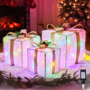 Set of 3 Christmas Decorations Lighted Gift Boxes with Bows12" 10" 8" with 60 Pre-Lit Mini String LightsFoldable LED Xmas Present Boxes for Tree Indoor Outdoor Holiday Party Yard Home Decor