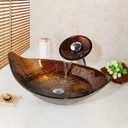 Bathroom Vessel Sink Combo Tempered Glass Leaf Shape Bowl Chrome Waterfall Faucet Pop Up Drain Set, 23x23x6 inches